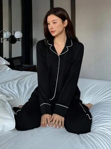 DAZY Women Simple Contrast Trim Design Notched Collar Long Sleeve Pajama Set With Pants - Black - View 6