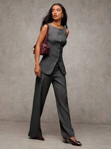 SHEIN BAE 条纹印花圆领无袖上衣，前扣式设计，搭配长裤，秋冬优雅通勤套装 - 彩色 - 查看 3