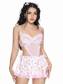 ROMWE Kawaii Floral Vintage Style Sexy Dress With Underwire, Pink - Pink - View 1