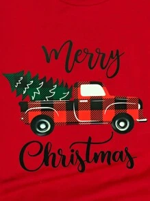 Roupas Combinadas de Família para o Natal Camiseta Gola Redonda Oversized Feminina, Confortável e Solta em Cor Vermelha na Moda, Estampa Temática Natalina com Papai Noel, Carro, Árvore de Natal, Feliz Natal, Conjunto Familiar Quente para Roupas de Ano Novo, Camisetas Gráficas Femininas - Vermelho - Visão 6