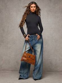 SHEIN BAE 女士长袖性感镂空紧身衣 - 黑色 - 查看 6