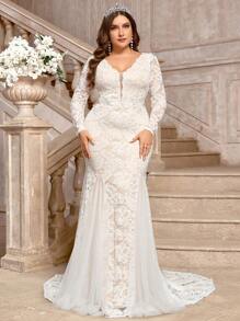 SHEIN Belle فستان زفاف للعروس ذو تصميم أنيق فاخر مقاس كبير، من الدانتيل الأبيض والشيفون الشفاف الأكمام الطويلة مع إضافات خصر مطابقة ، وتفاصيل مذنب مستقيم في الجزء السفلي - أبيض - مشاهدة 4