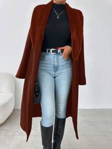 EURMUSE Manteau long élégant et patchwork pour femmes, avec col en fourrure, ceinture, pour l'automne/hiver