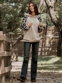 LanaWest Sudadera suelta casual de mujer LanaWest con capucha con cordón, manga raglán y estampado de leopardo