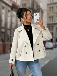 Flirla Plus Size Autumn Notched Collar Loose Raglan Sleeve Short Double-Breasted Overcoat, For Winter - Grey - View 1