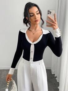 Chiquease Women's Plain Color Splice Front Button Long Sleeve Minimalist Casual Pullover Sweater Knit Pullover Fall Winter Outfit