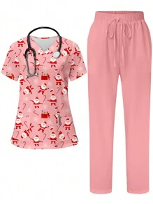 PopScrub 圣诞节可爱卡通圣诞老人V领短袖口袋挂耳下摆护士制服手术服套装白胡子圣诞老人卡通主题护理制服上衣，圣诞女装 - 粉色 - 查看 1