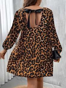 SHEIN Clasi Plus Leopard Print Tie Back Long Sleeve Dress Fall Women Outfit Work Dress Business Casual Woman