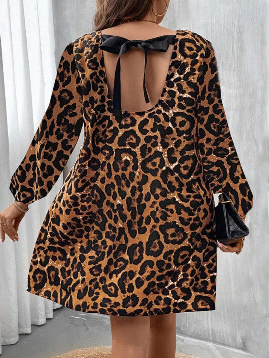 SHEIN Clasi Plus Leopard Print Tie Back Long Sleeve Dress Fall Women Outfit Work Dress Business Casual Woman