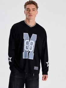 Musero 宽松长袖落肩V领印花针织T恤 春夏必备 - 黑色 - 查看 1