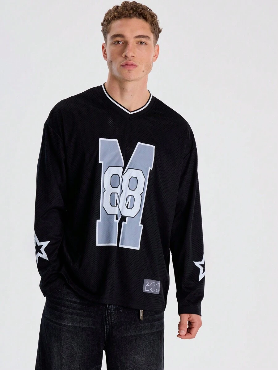 Musero 宽松长袖落肩V领印花针织T恤 春夏必备 - 黑色 - 查看 1