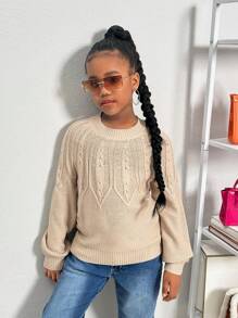 Tween Girl Casual Solid Color Knit Round Neck Long Sleeve Pullover Sweater, Autumn/Winter - Khaki - View 3