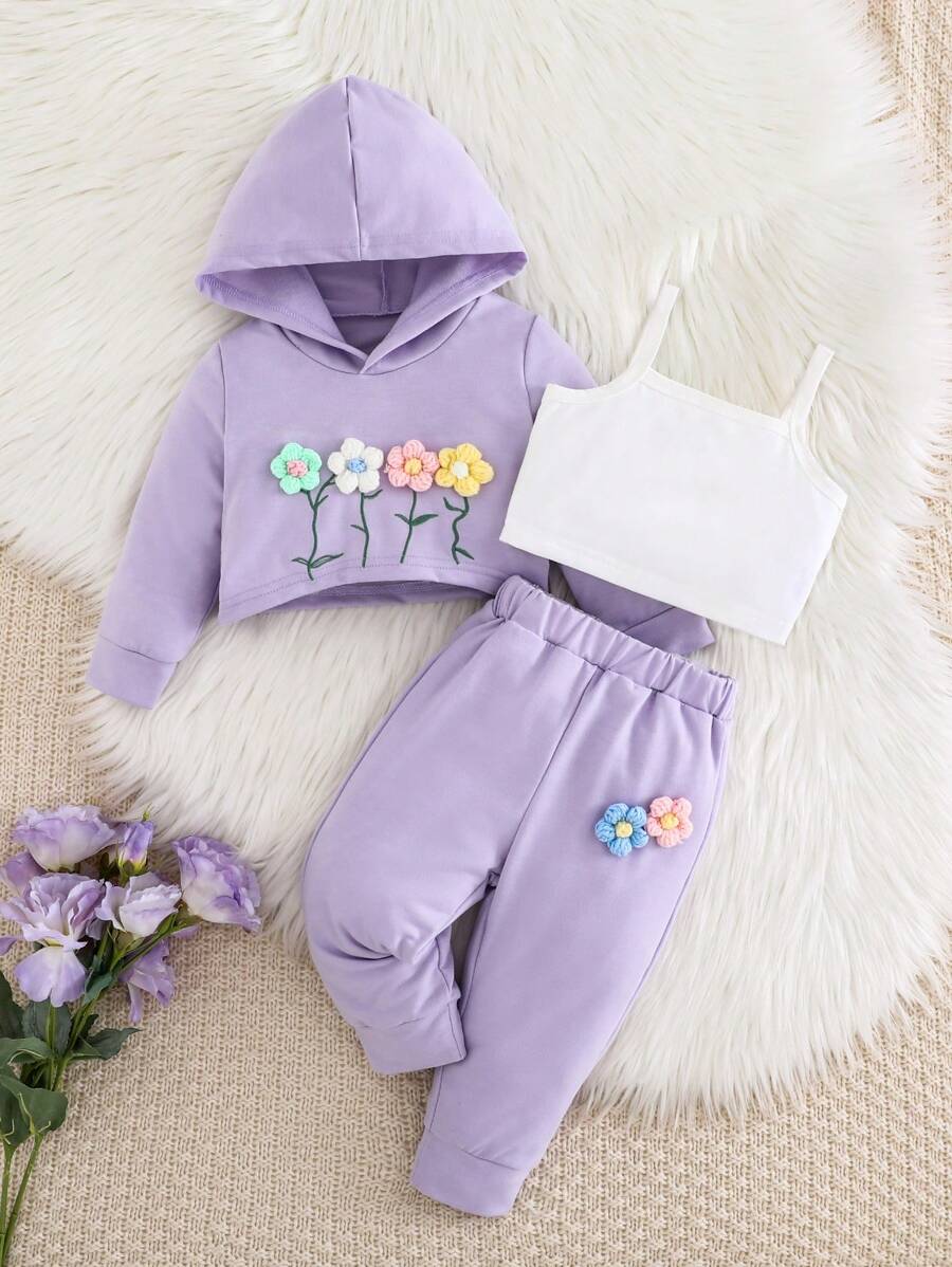 3pcs/Set Baby Girl Autumn/Winter New Casual Versatile Sports Comfortable Cute Floral 3D Floral Short Hoodie, Solid Color Suspender Top And Pants 3-Piece Outfit, Soft Fabric Suitable For Delicate Baby Skin