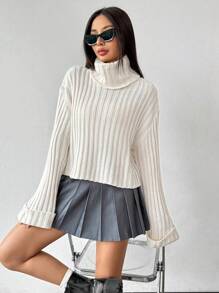 Chiquease Sweater Lengan Panjang Kerah Tinggi Warna Polos Sederhana untuk Wanita, Pullover Rajut Musim Gugur Musim Dingin - Krem - View 5