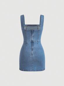 SHEIN MOD 女士无袖后拉链简约牛仔连衣裙，休闲日常穿着 - 淺色水洗藍 - 查看 2