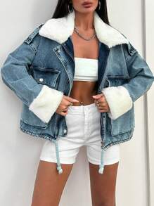 RueChic WOMEN DENIM FUR DETAILED DENIM JACKET - Light Wash - View 3