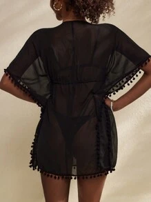 SHEIN Swim Vestido de playa de verano para mujer de unicolor con nudo delantero y decoración de pompones