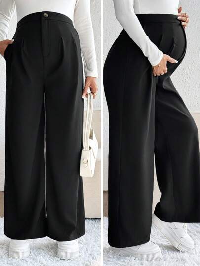 SHEIN Maternity Casual Solid Color Pleated Loose Straight Pants, Spring Autumn