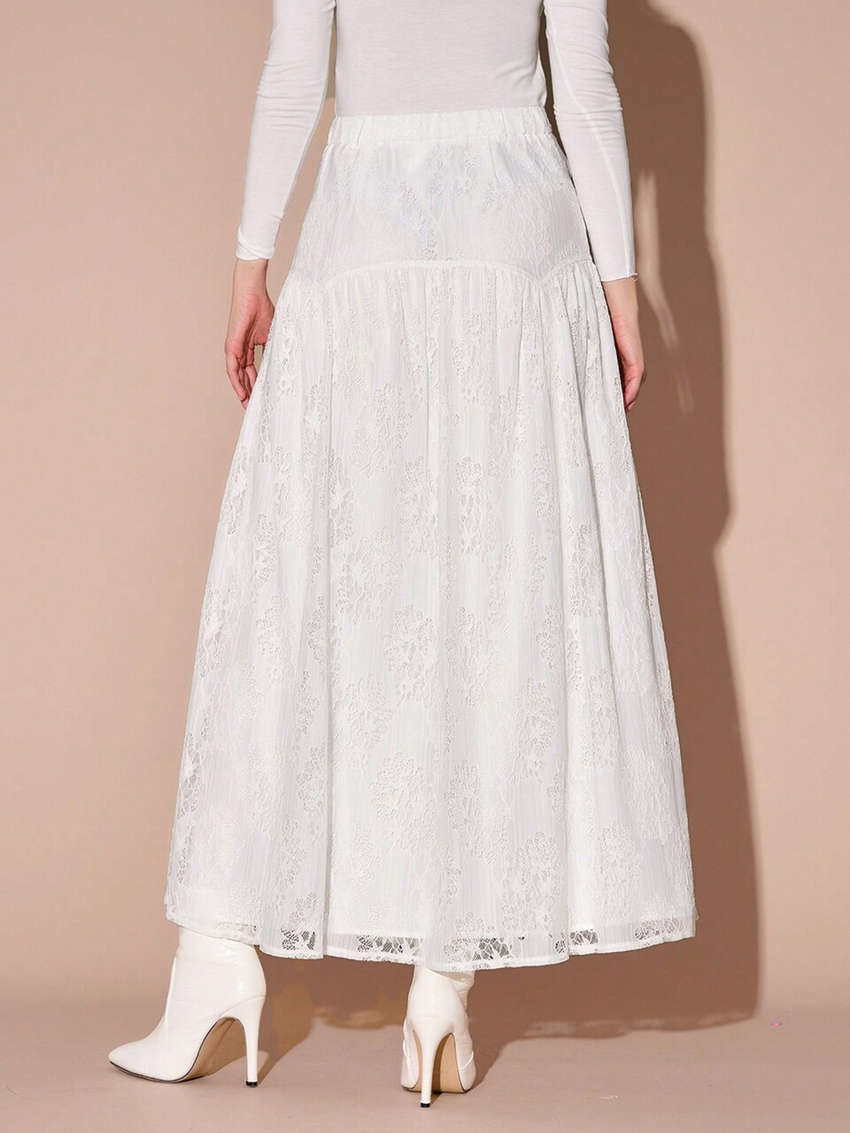 Women's Elegant White Fashionable Lace Long Skirt,Autumn Winter Christmas New Years Outfits,White Flower Tea Party Elegant Women Skirts