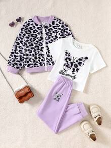 SHEIN 3 sztuki/zestaw dziewczęca kurtka bomberka z nadrukiem w panterkę, koszulka z krótkim rękawem w kolorze białym z nadrukiem motyli i elastyczny pas, spodnie dresowe typu jogger