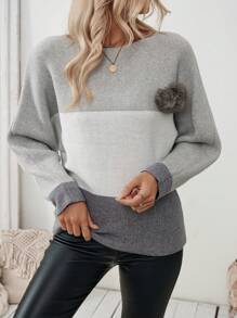 SHEIN LUNE Damen Grauer Kontrast Rundhals Fledermausärmel mit Fellbällen Dicker, warmer, weicher Pullover Strickpullover Herbst Winter - Grau - Übersicht 5