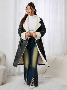 SHEIN EZwear Plus Size Casual Thermal Lined Shirt Collar Jacket, For Autumn/Winter