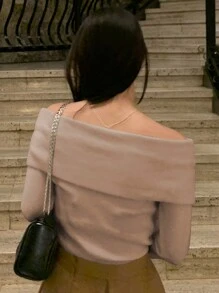 DAZY Women's Off-Shoulder Plain Casual Pullover Sweater,Fall Clothes - Khaki - View 2