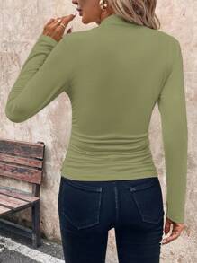 SHEIN Clasi 女式简约纯色修身立领垫肩长袖 T 恤，百搭秋季 - 薄荷綠 - 查看 2