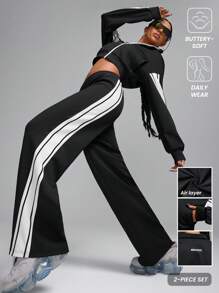 Innovista Loose Fit Air Layer Knitted Zip-Up Zip Up Colorblock Sets, 2pcs, Cropped Jacket, Splicing Design Sports Jogger, Sweatpants, Casual & Daily Tracksuit, Jersey, Winter Women Clothes, Fall Winter Women Outfit,Tracksuit