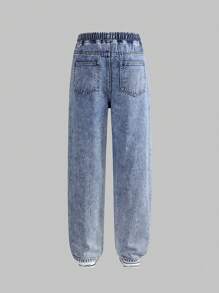 Tween Boy & Teenage Straight Leg Jeans, Mid-Blue Vintage Distressed Denim, Collegiate Style, Streetwear, Casual, Retro, Pop, Streetstyle, Embroidered Graphic, Collegiate Leather Patch, Straight Fit, Elastic Waist, Tapered Leg, Comfortable Cotton Denim, Stretchy, Soft, Suitable For Daily Wear, School, Commute, Gatherings, Home, Vacation, Back To School Season, Holidays, New Arrival For 2025 Autumn, Halloween, Christmas Real Madrid Jogging Teens