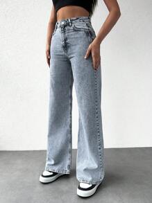 EURMUSE Letter Patched Wide Leg Jeans - Rửa nhẹ - Xem 3