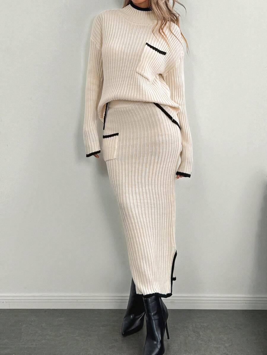 SHEIN Clasi 2 件套女士休闲纯色立领长袖衬衫和 A 字裙套装 - 白色 - 查看 1