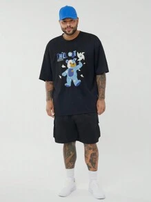Manfinity VCAY Plus Size Men's Casual Loose Bear Windmill Graphic Knitted T-Shirt And Shorts Set - Black - View 4