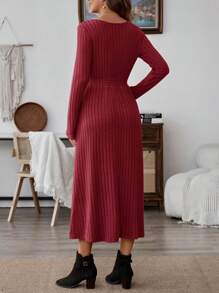 EMERY ROSE Women's Solid V-Neck Long Sleeve Ribbed Pocket Casual Dress, Autumn - Burgundy - View 3