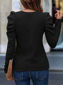 SHEIN LUNE Women Casual Ruffle Shoulder Design Long Sleeve Top, Autumn/Winter - Black - View 2