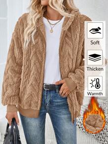 SHEIN LUNE 1 chiếc áo khoác dài tay có mũ trùm đầu màu xám có họa tiết lông mịn có khóa kéo - màu nâu - Xem 3