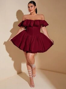 SHEIN BAE 大码褶皱蕾丝边露肩优雅连衣裙，甜美性感蕾丝，适合婚礼宾客、返校节、优雅早午餐、生日派对等场合。 - 酒紅色 - 查看 3