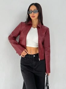 SHEIN PETITE Women Solid Minimal Collared Long Sleeve Zip Up Red PU Leather Jacket - Burgundy - View 5