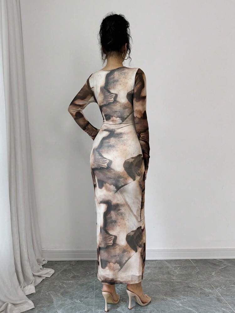 Firerie Women's Tie Dye Printed Long Sleeve Long Maxi Bodycon Elegant Dress Going Out,S