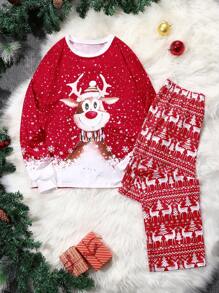 2 件套女士休闲鹿印花上衣和圣诞树鹿图案裤子睡衣套装 - 紅色 - 查看 1