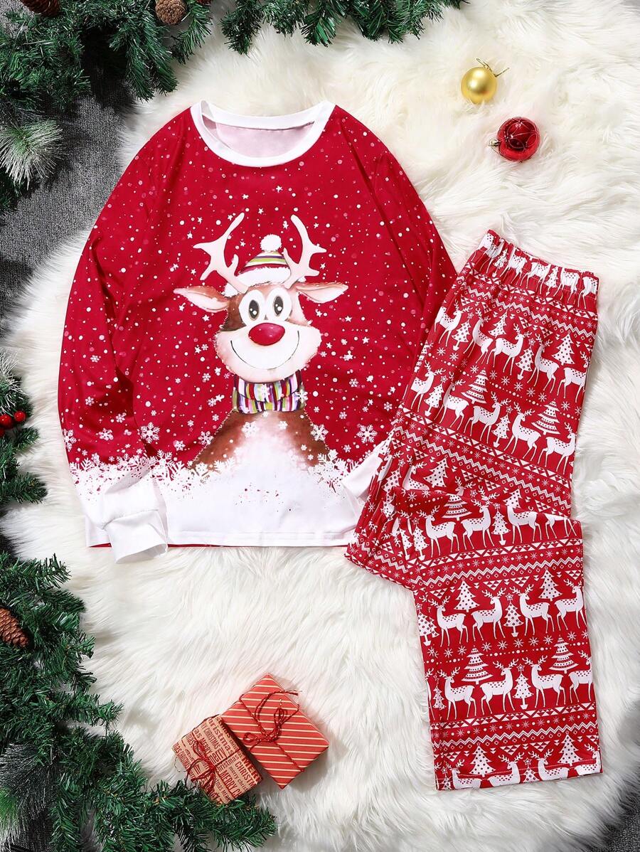 2 件套女士休闲鹿印花上衣和圣诞树鹿图案裤子睡衣套装 - 紅色 - 查看 1