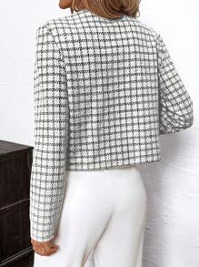 SHEIN Clasi 女士格子印花双排扣翻领金属纽扣拼色长袖宽松夹克，优雅时尚，适合秋冬季日常休闲、通勤 - 黑與白 - 查看 2