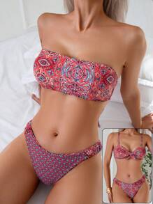 2pcs/Set Printed Reversible Bikini Swimwear Summer - Red - View 1