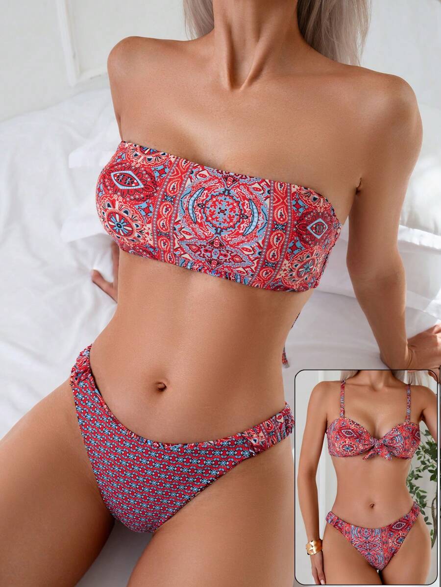 2pcs/Set Printed Reversible Bikini Swimwear Summer - Red - View 1