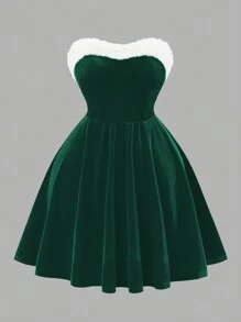 Allurite Plus Size Christmas Colorblock Fuzzy Patchwork Bandeau Dress - Dark Green - View 1