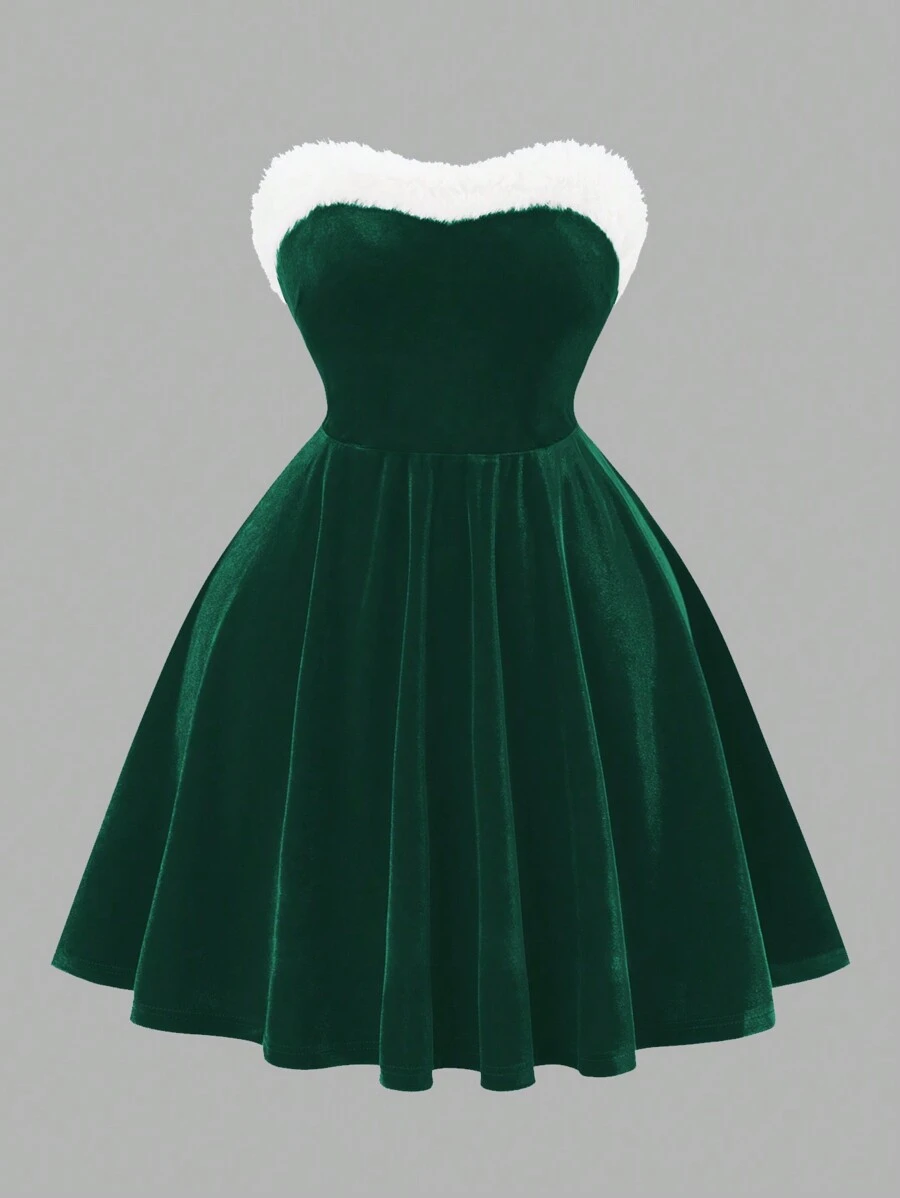 Allurite Plus Size Christmas Colorblock Fuzzy Patchwork Bandeau Dress - Dark Green - View 1