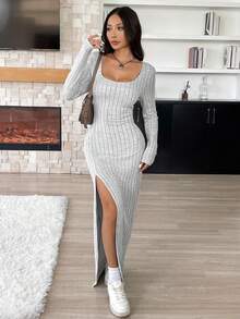 SHEIN EZwear 女式新款方领长袖高开叉蓬松罗纹连衣裙