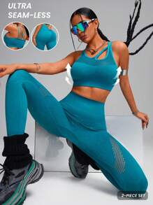 Innovista 女士 2 件 3D 提花蛇纹和网状结构无缝胸罩和紧身裤运动套装、高弹力紧身裤运动套装、女士健身套装、日常休闲和健身套装、瑜伽套装、服装套装 - 水鴨藍 - 查看 6