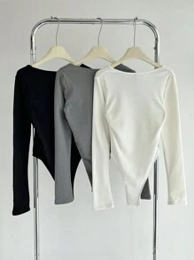 SHEIN BASICS 3pcs/Set Women Solid Color Knit Long Sleeve Crew Neck Bodysuit With Thermal Lined, Warm Tight Fit, Cozy Chic