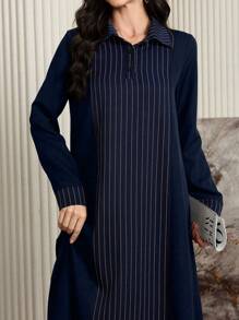 Al Najma 女式条纹长袖 Polo 领休闲宽松阿拉伯连衣裙，休闲朴素 A 字形全长阿拉伯连衣裙，适合休闲日常/家居服 - 藍色 - 查看 5